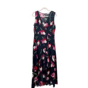 Calvin Klein Navy Blue/Pink Floral High-Low Midi Dress, Size 6
